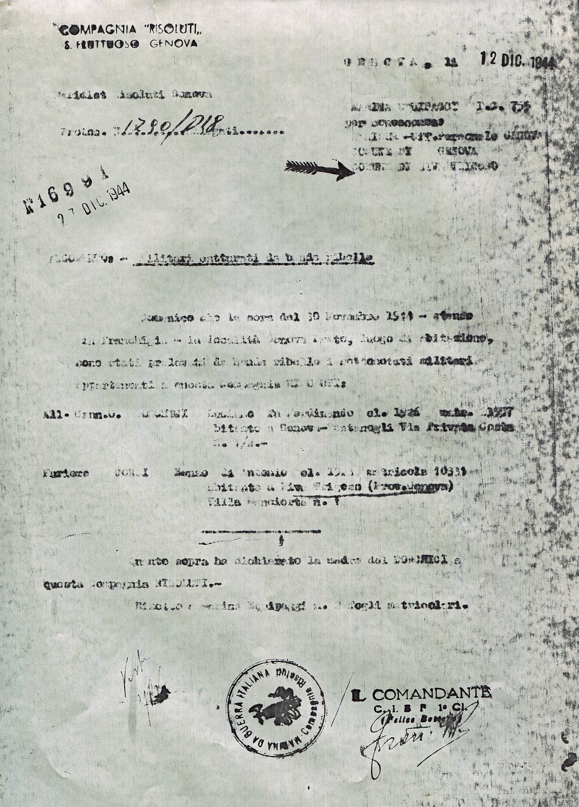 Compagnia “Risoluti”, S. Fruttuoso (Genova), 12 dicembre 1944: segnalazione di “militari catturati da bande ribelli”, con le generalità dei due alpini del battaglione “Vestone”. Archivio della Divisione “Coduri”.