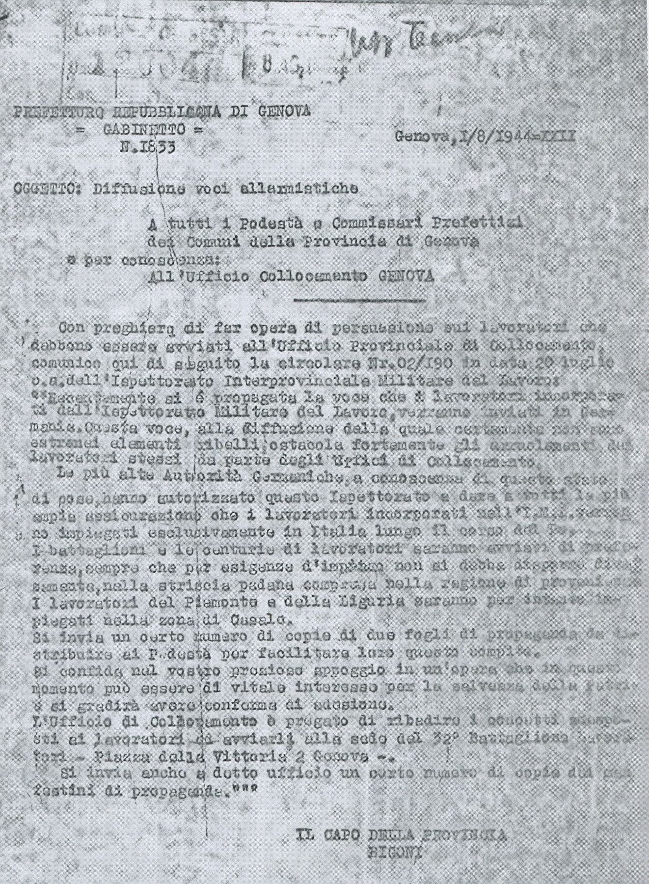 Fascicolo n.12 - Doc. n.4, pag.1: “DIFFUSIONE VOCI ALL’ARMISTICHE” Fotocopia del sibillino comunicato prefettizio genovese teso a favorire il reclutamento dei lavoratori da inviare in Piemonte e invece poi spediti in Ger