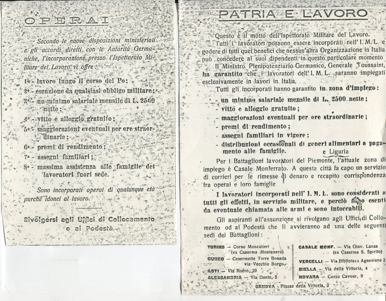 Fascicolo n.12 - Doc. n.4, pag.2: “DIFFUSIONE VOCI ALL’ARMISTICHE” Fotocopia dei due manifestini di propaganda allegati alla lettera N° 1833 della Prefettura di Genova riguardanti il reclutamento "volontario" dei lavorat