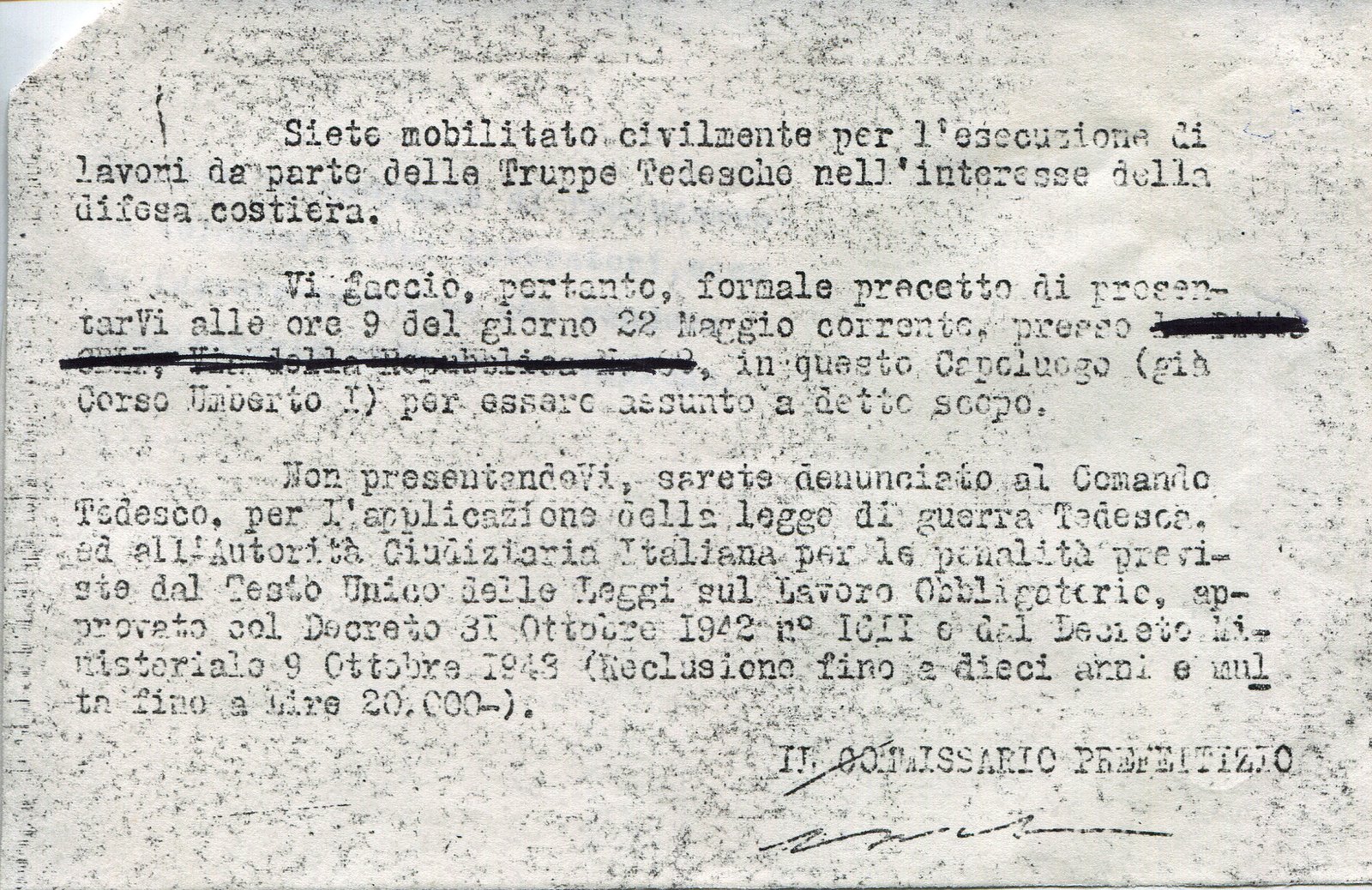 Fascicolo n.12 - Doc. n.5 Fallita la campagna di reclutamento volontario dei lavoratori, ecco la fotocopia della lettera-precetto (ancora mancate dei dati personali del destinatario) che rendeva invece obbligatoria tale