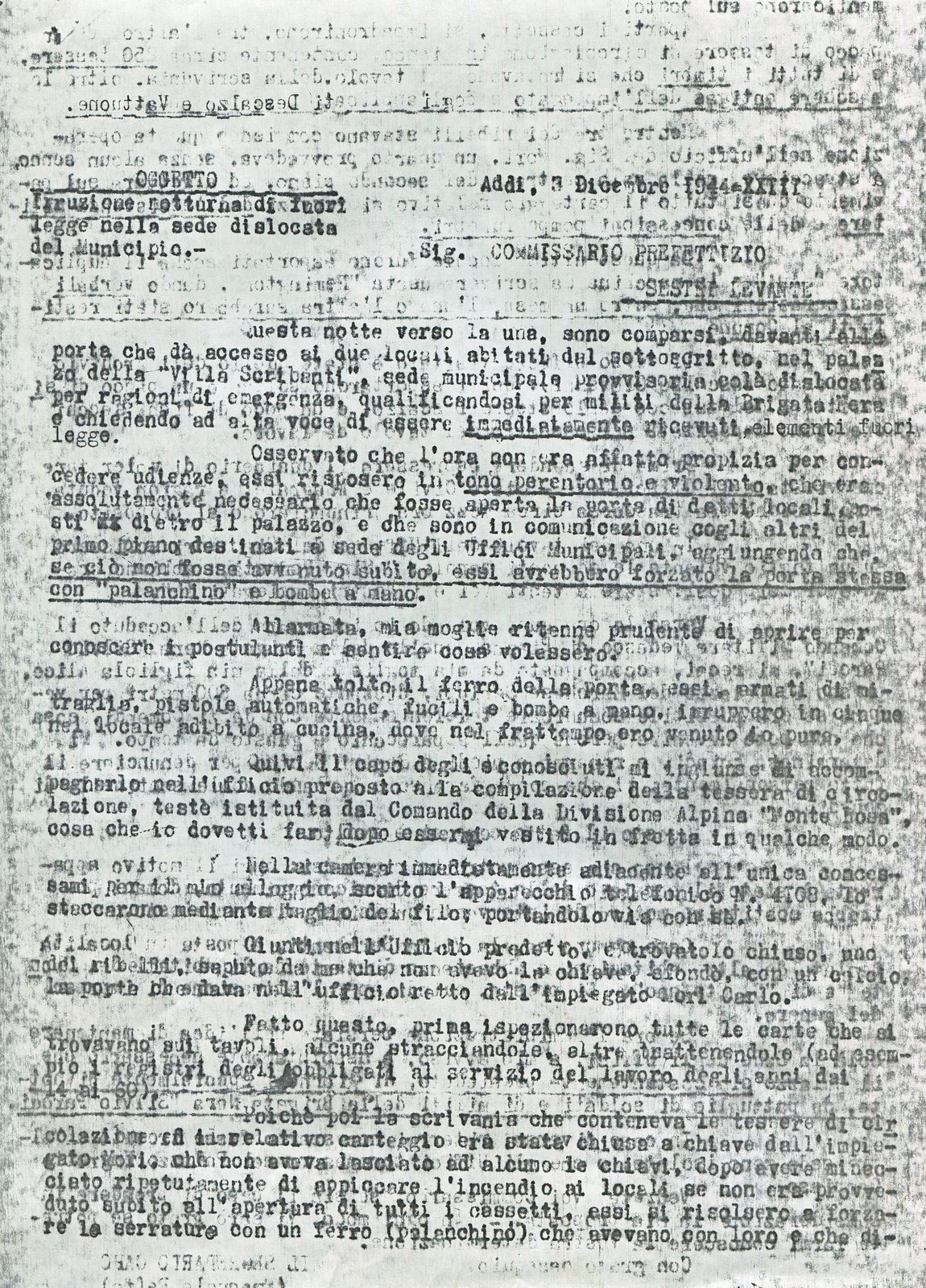 PAGINA 1- Fotocopia della prima delle due pagine di Relazione sull’invasione notturna dei “Ribelli” alla sede del Comune di S.L. distaccata a Villa Scribanti.