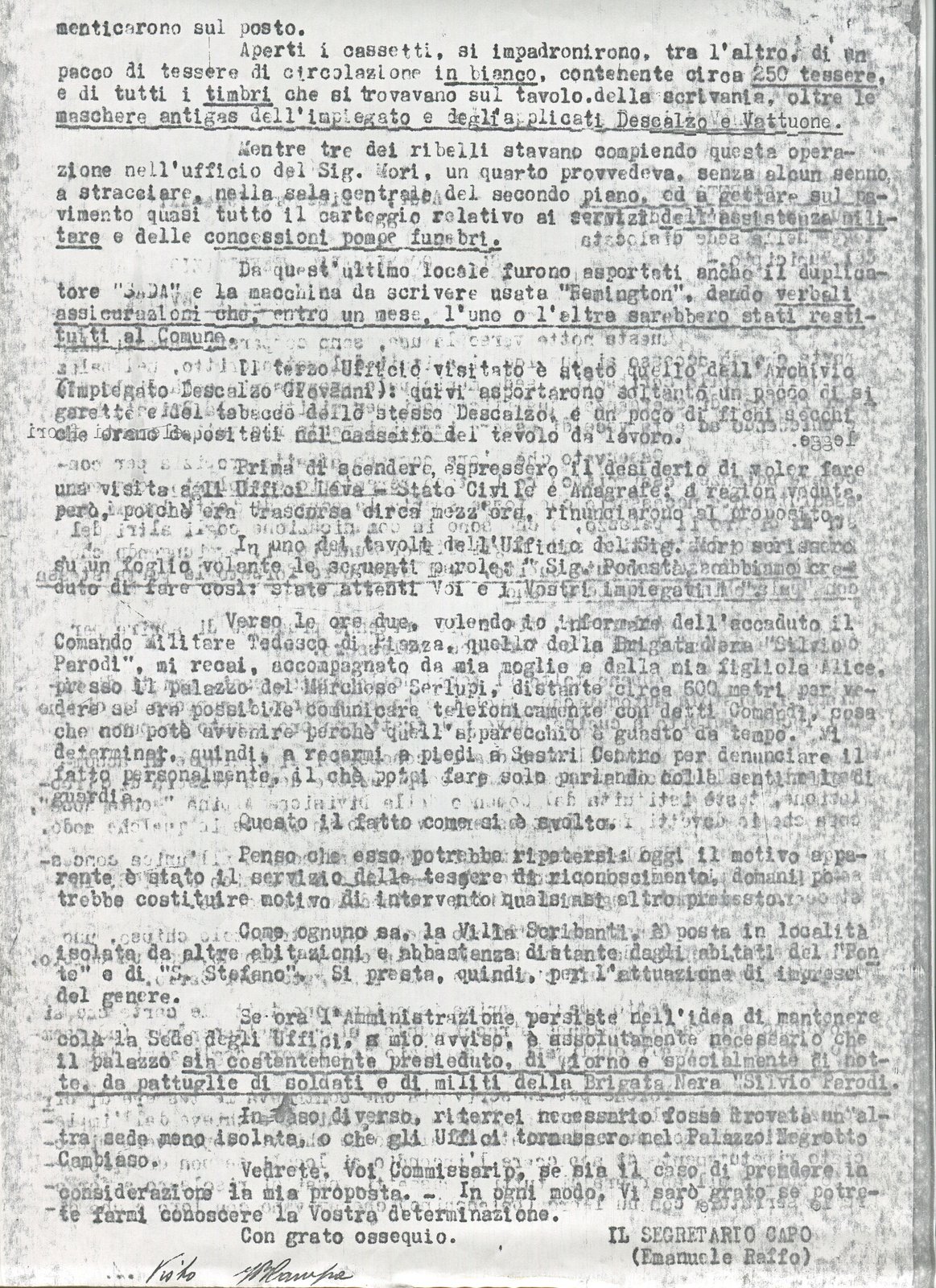 PAGINA 2 - Fotocopia della seconda delle due pagine di Relazione sull’invasione notturna dei “Ribelli” alla sede del Comune di S.L. distaccata a Villa Scribanti.