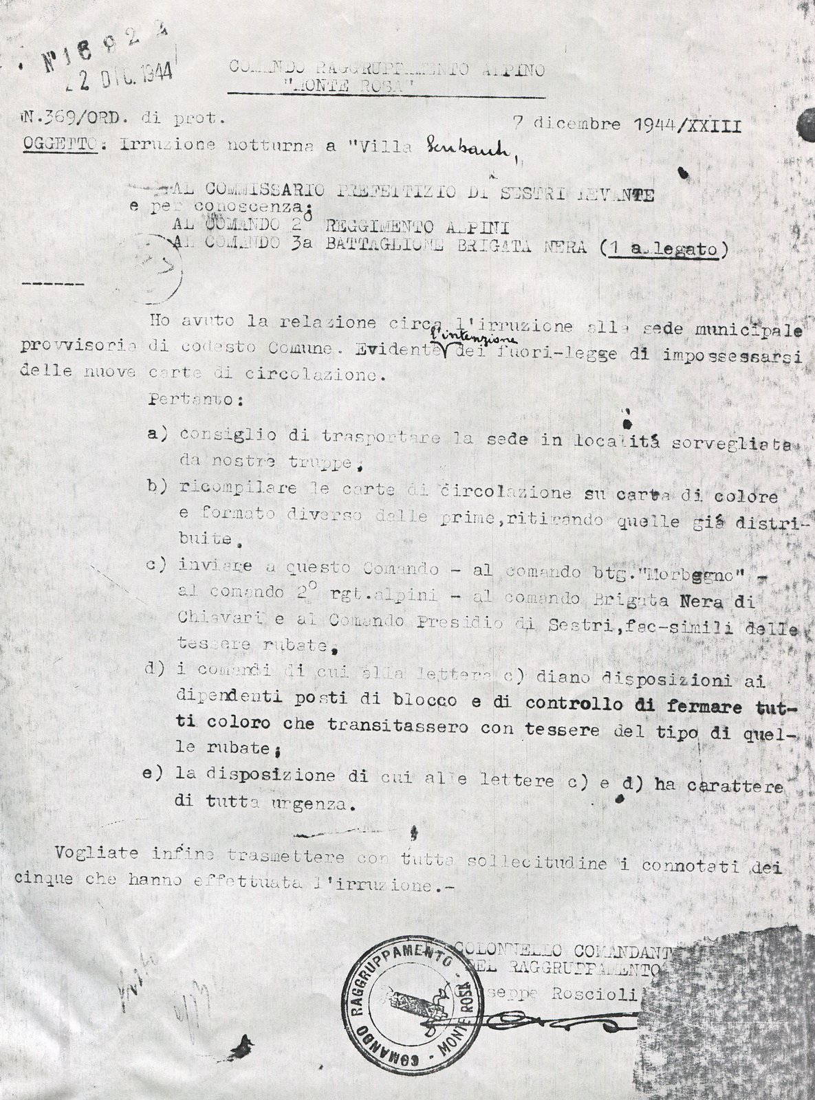 Fascicolo n.12 - Doc. n.9: “IRRUZIONE NOTTURNA A VILLA SCRIBANTI”