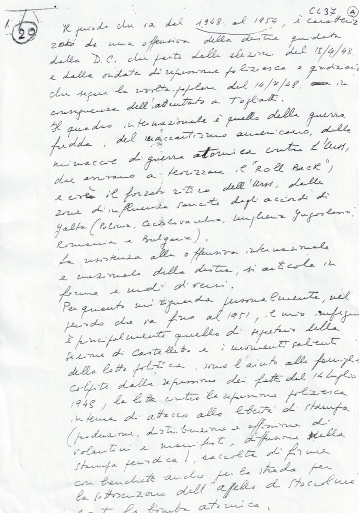 Archivio G.B. Lazagna – Doc. n. 2: prima pagina della memoria manoscritta (p. 29, sigla “CL37 A”).